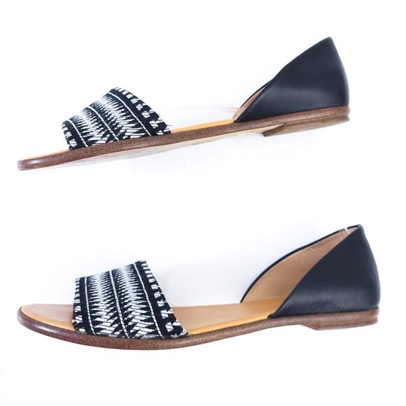 J. Crew F2028 Black Leather Striped Textile Women's Peep Toe D'Orsay Flats 9M - Picture 3 of 7